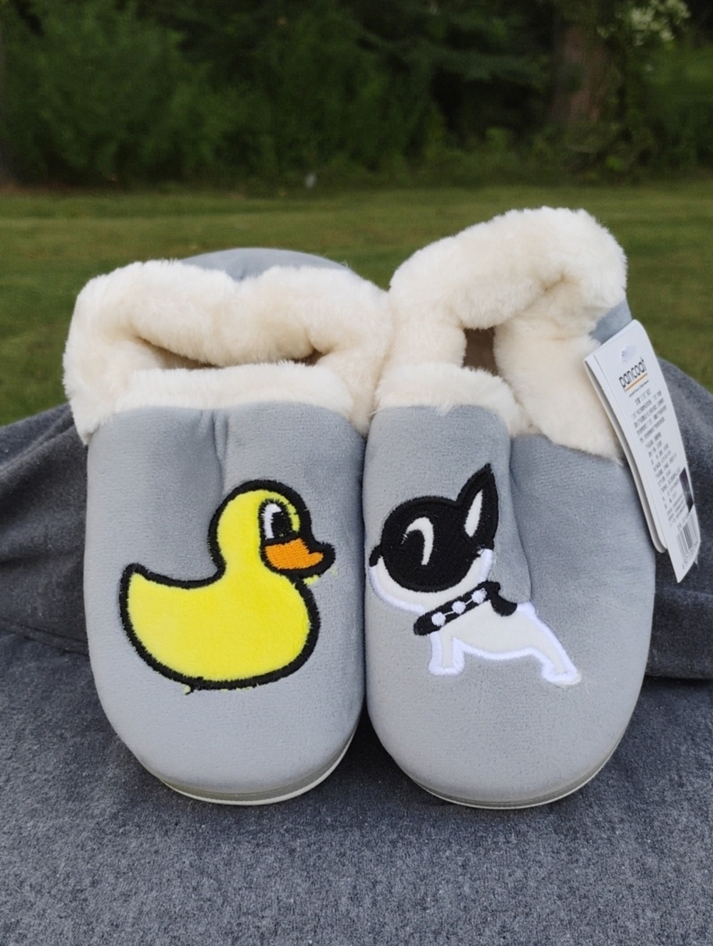Kids Grey Plush Slippers with Yellow Duck & Black Dog Appliqué